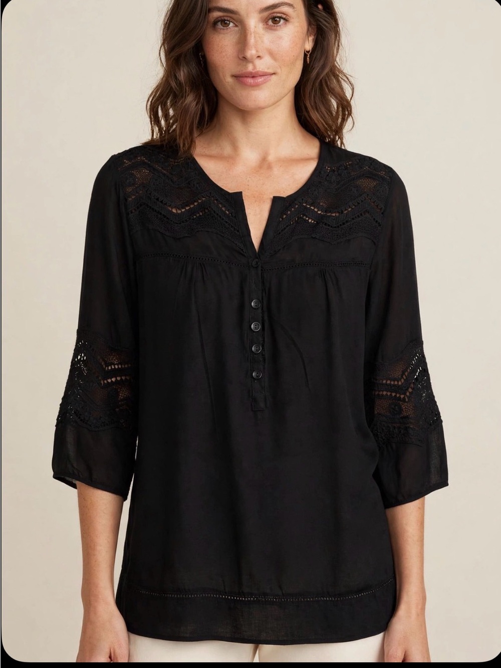 Simply Irresistible Black Lace-Trim Henley Blouse